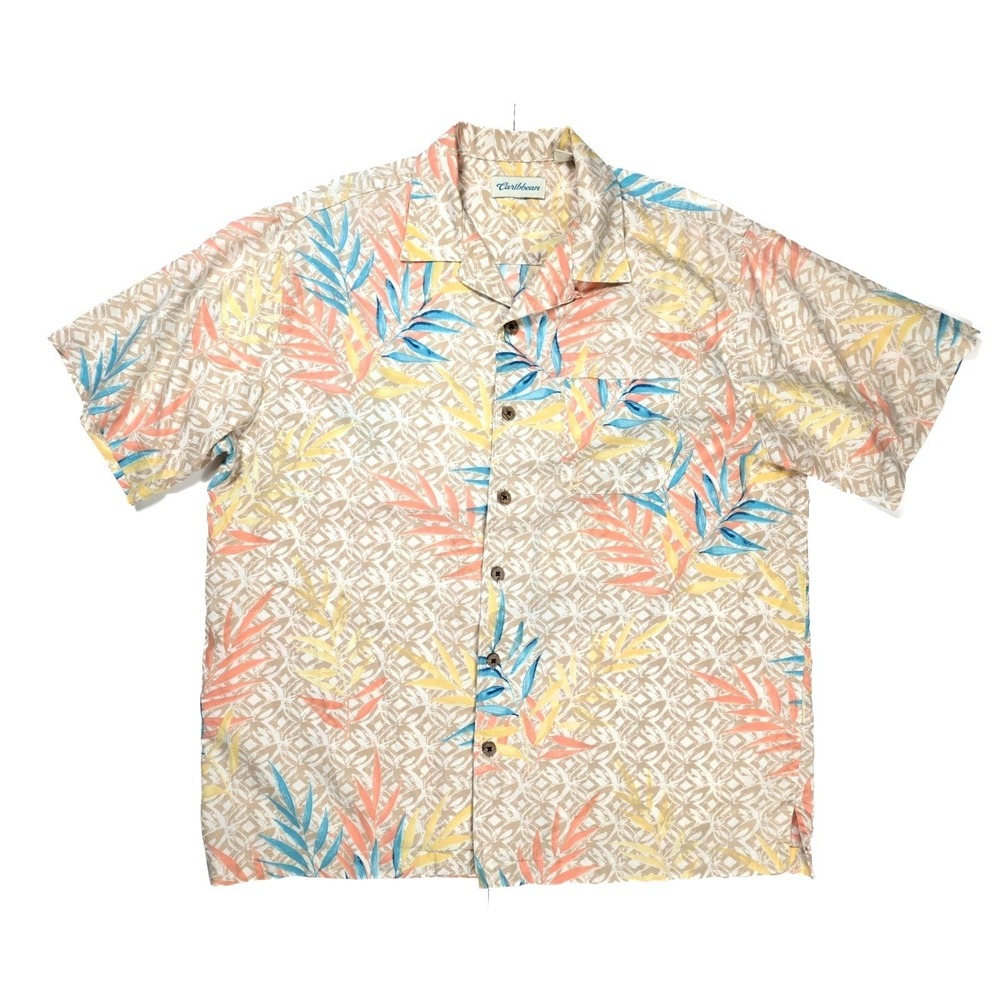 Caribbean Biege Tropical Print Button Up Short Sleeve Shirt Men's Size Large